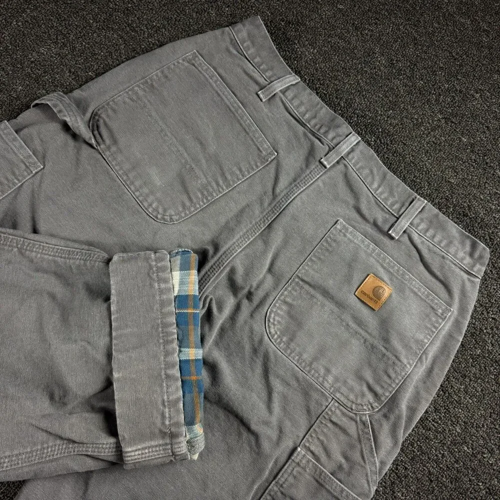 Carhartt Flannel Lined Dungaree Pants Size 34X30 Gray B111 GVL Workwear